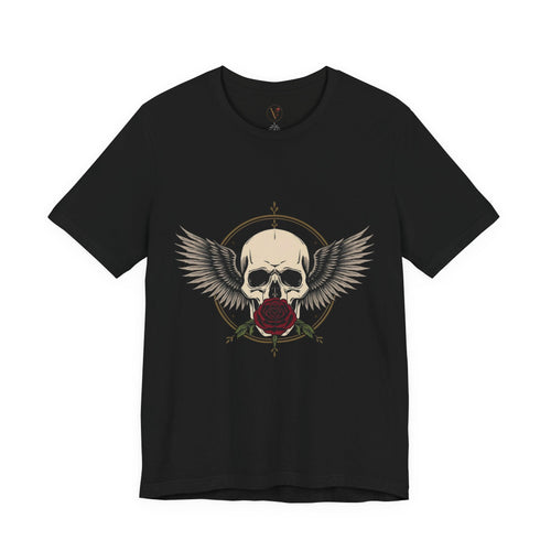 Vice & Velvet black cotton t-shirt featuring a gothic skull, red rose, and wings graphic print on the chest.