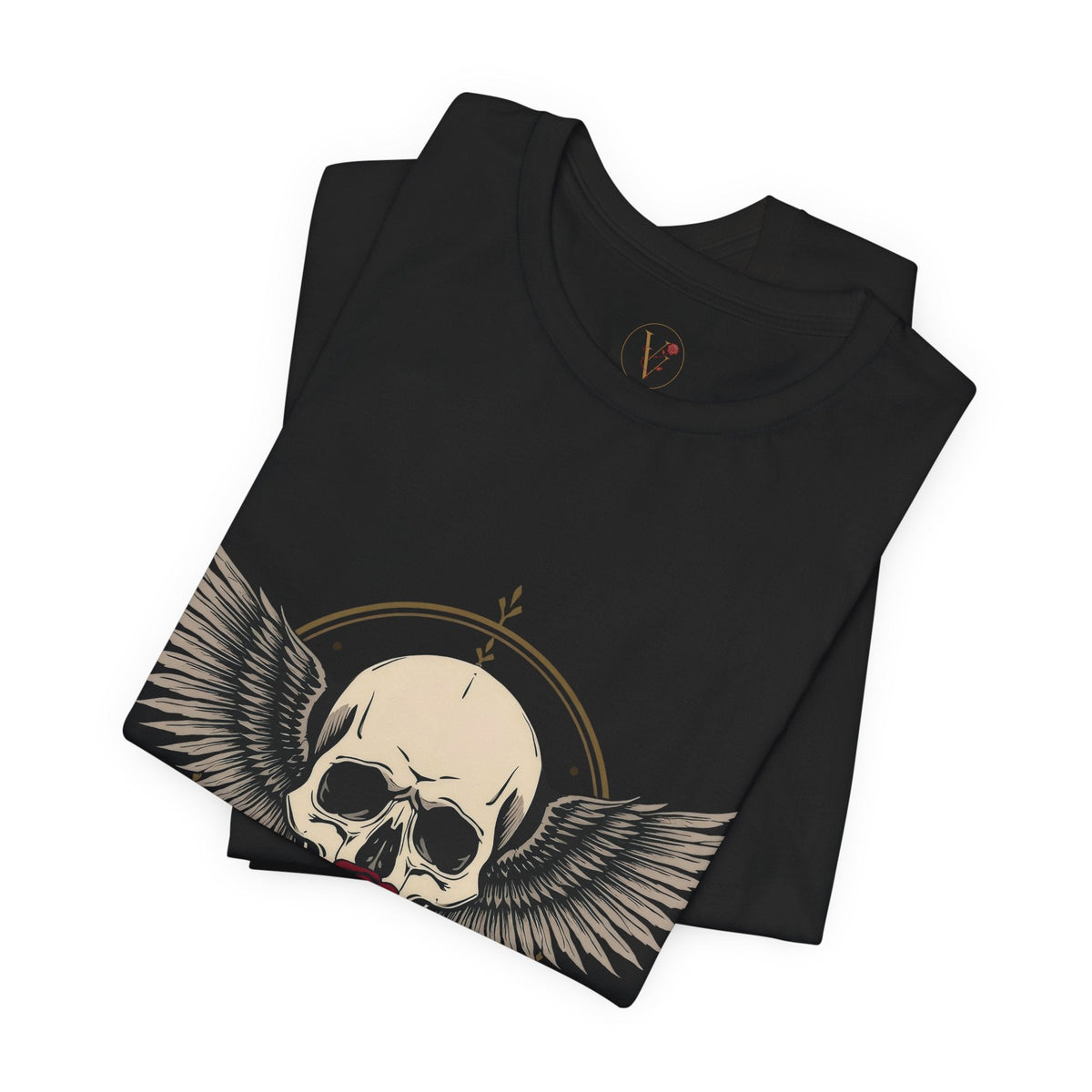 Vice & Velvet black cotton t-shirt featuring a gothic skull, rose, and wings graphic print on a folded garment.